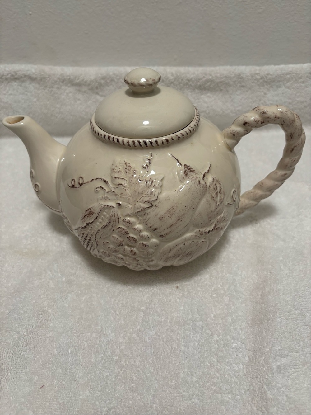 Burton Cream Ceramic Teapot with Fruit & Leaf Relief